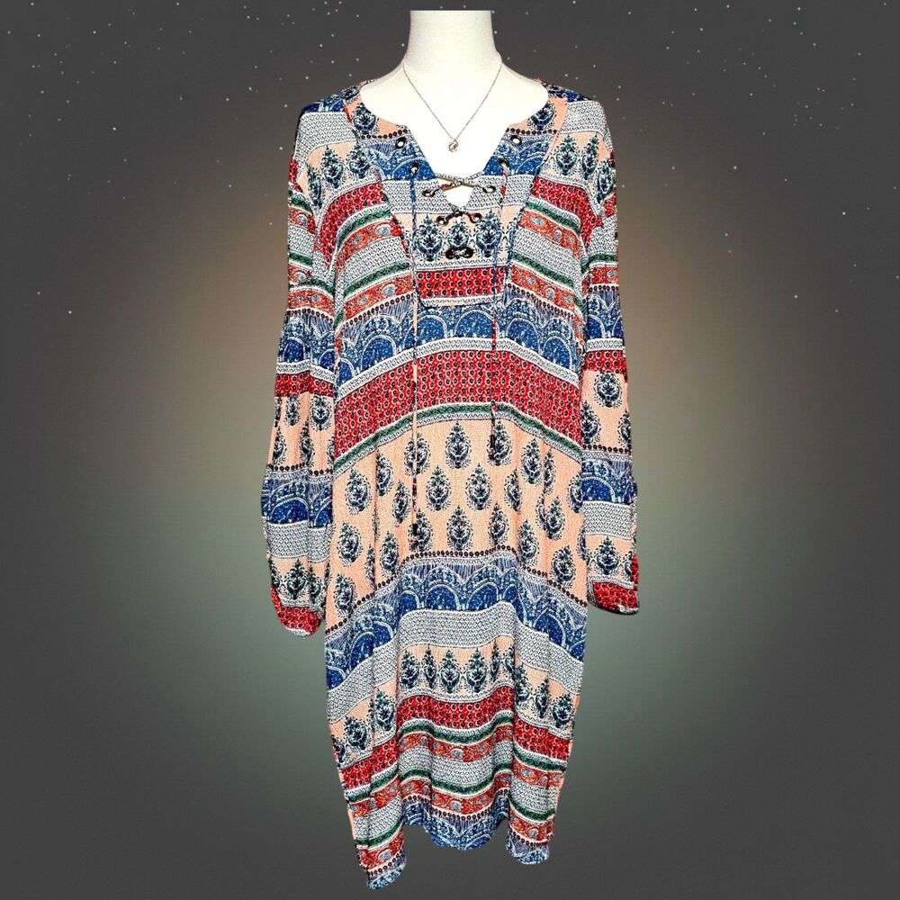 Democracy Wmns L Boho Peasant Tunic Dress Indie Folk Cottagecore Bell Sleeve